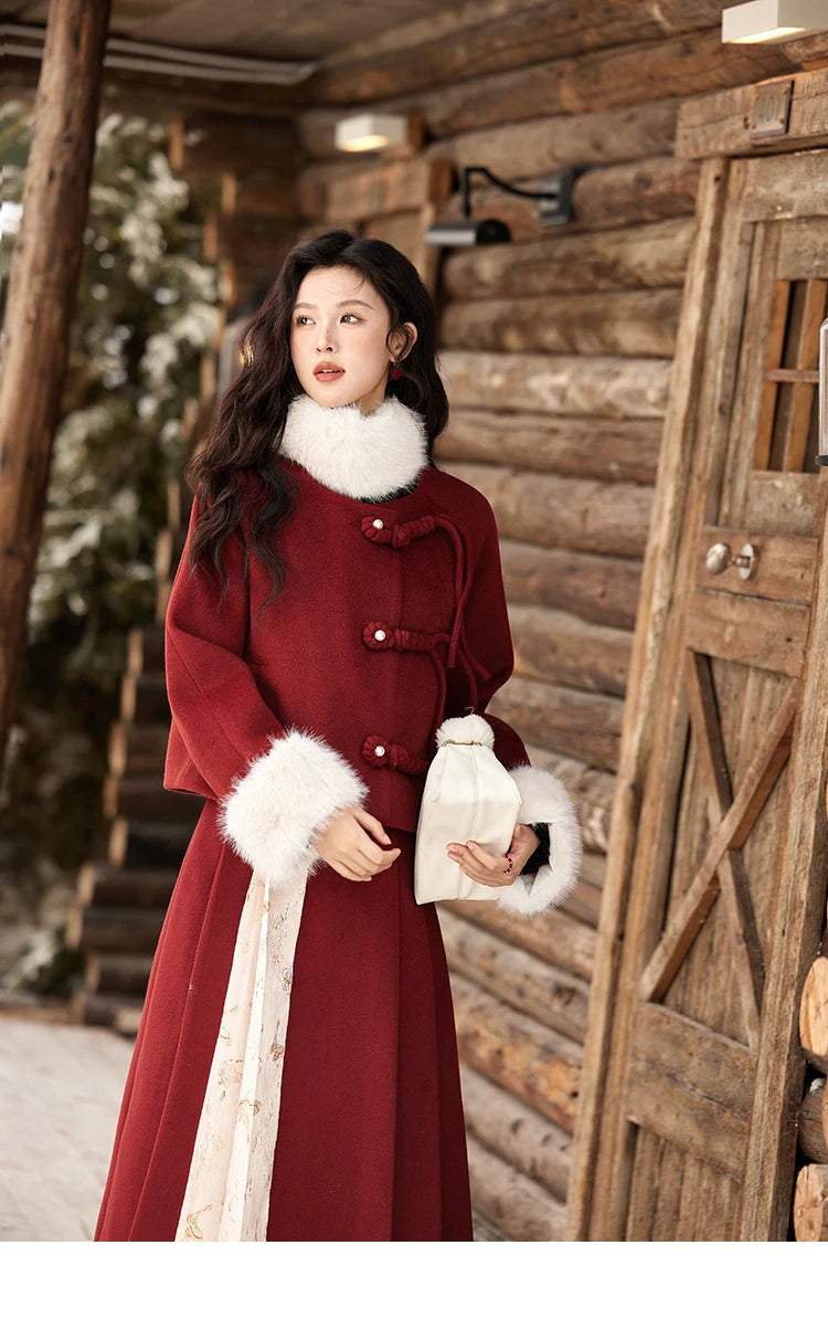 Mishow Tweed Jacket with Removable Fur Collar & Pleated Skirt Set MXD59W0609