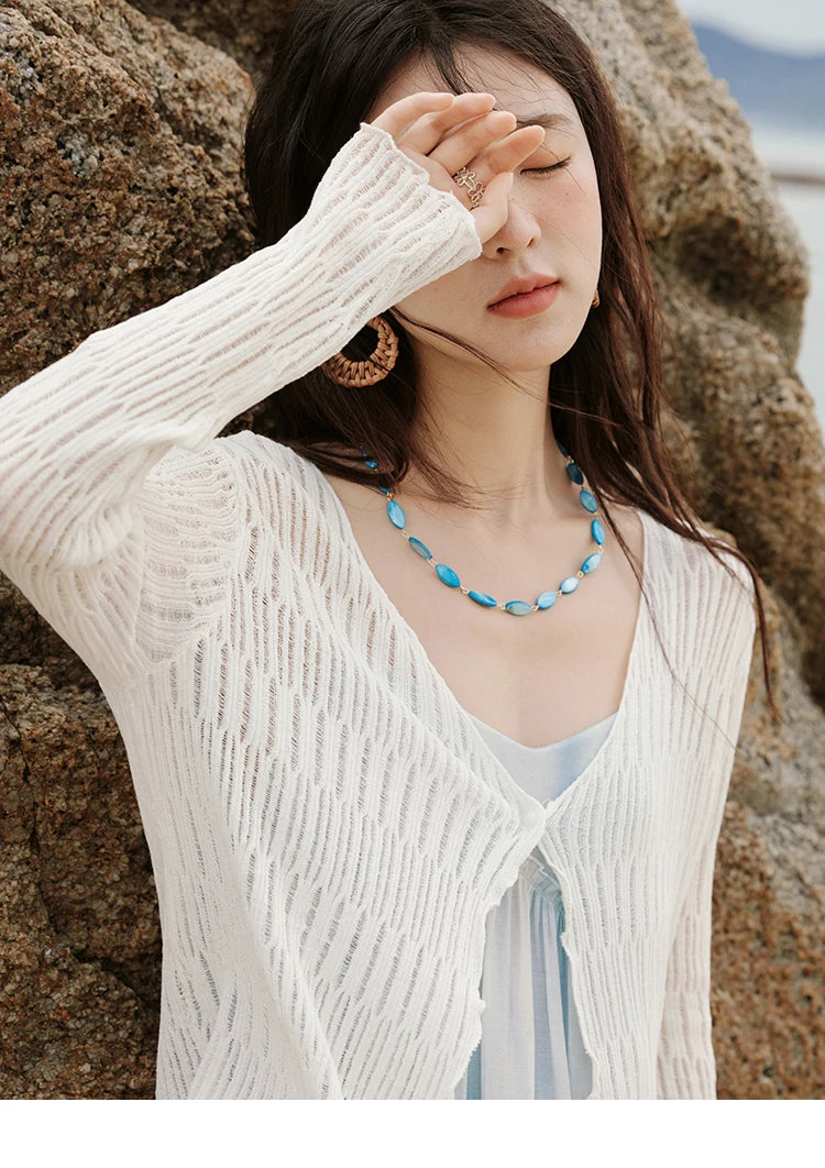 Mishow White V-Neck Slim Knit Summer Cardigan MXE16Z1193