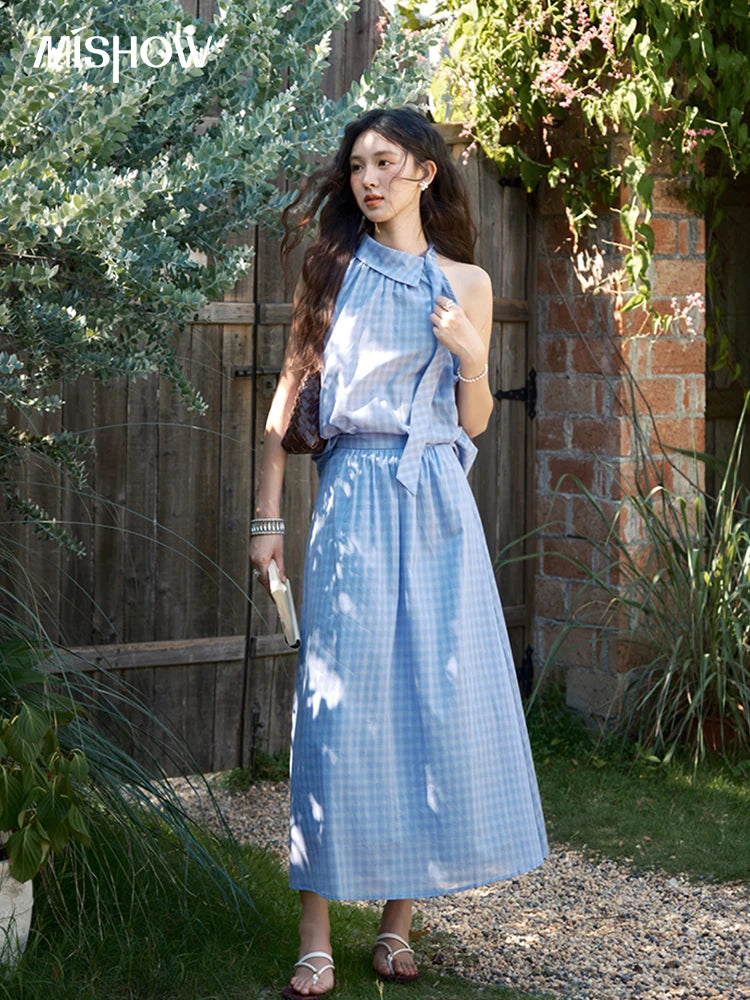 Mishow Plaid Hanging Neck Button Top & A-Line Skirt Set MXE39T0711