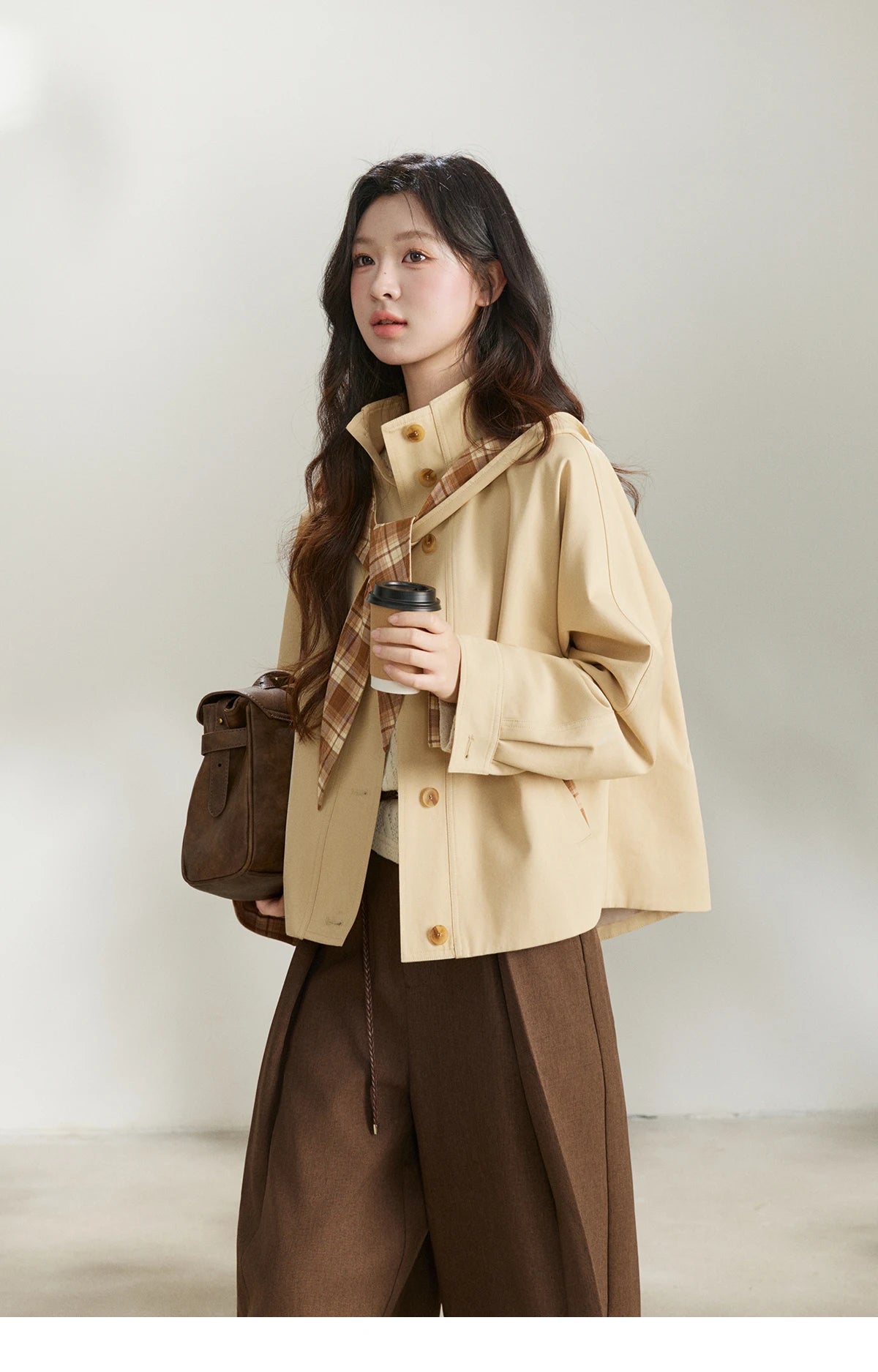 MISHOW Khaki Cropped Trench Coat Lapel Stand Collar MXF108W1003