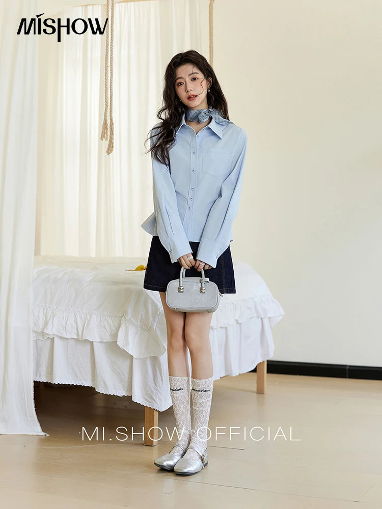 MISHOW Women's French Blue Shirt Polo Collar Waist Pocket MXE14C0753