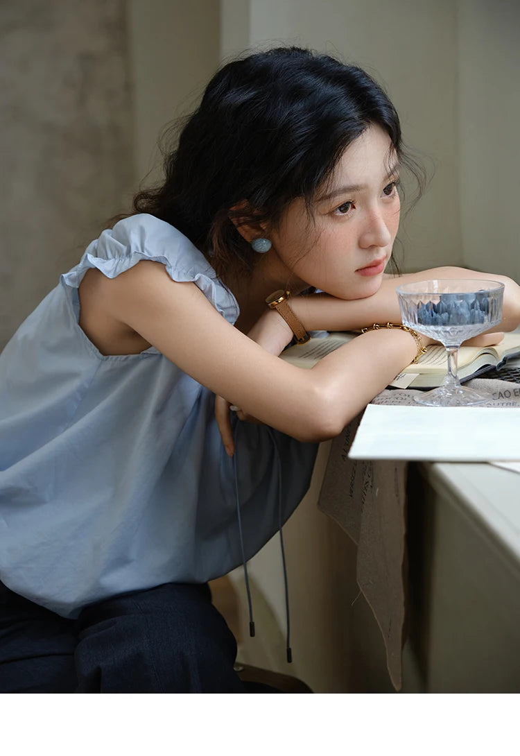 MISHOW Cotton Blouse Puff Sleeve Lace Up O-Neck MXE37X1893