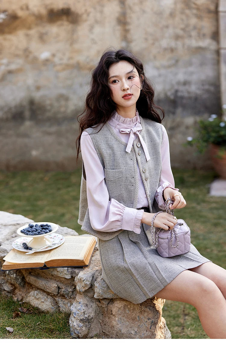Mishow Korean Woolen Vest & Pleated Mini Skirt Set MXE13W0708
