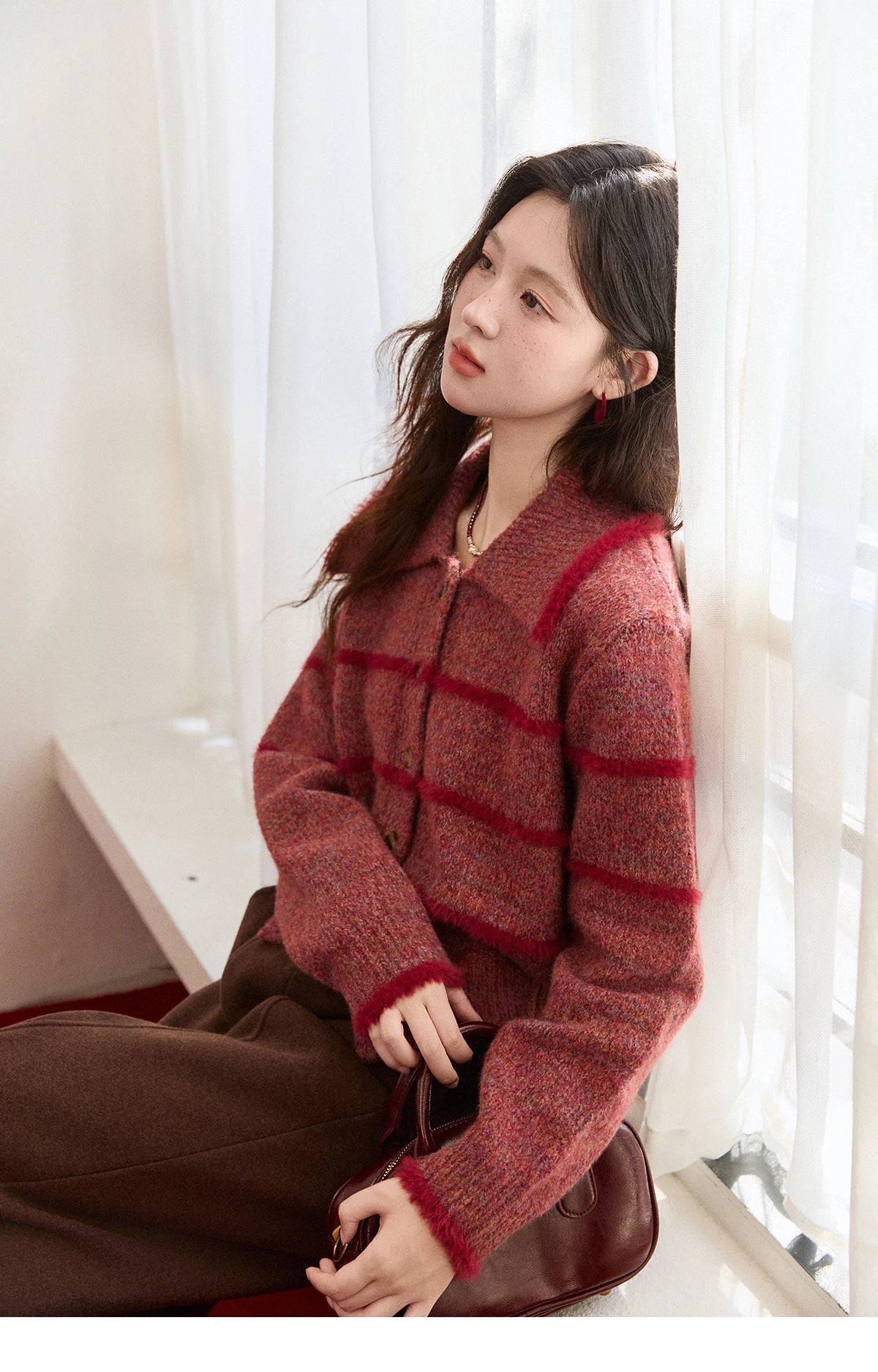 Mishow Red Striped Large Lapel Fleece Cardigan MXE94Z2888