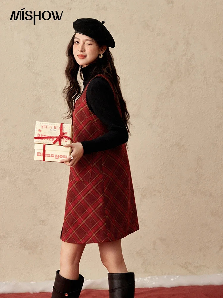 Mishow Plaid Square Neck Woolen Vest Dress MXD58L2078
