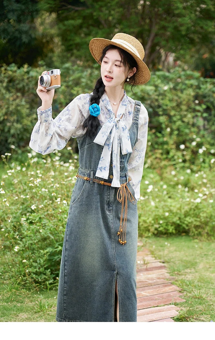 MISHOW Retro Denim Strap Pocket Midi Dress MXD14L1817