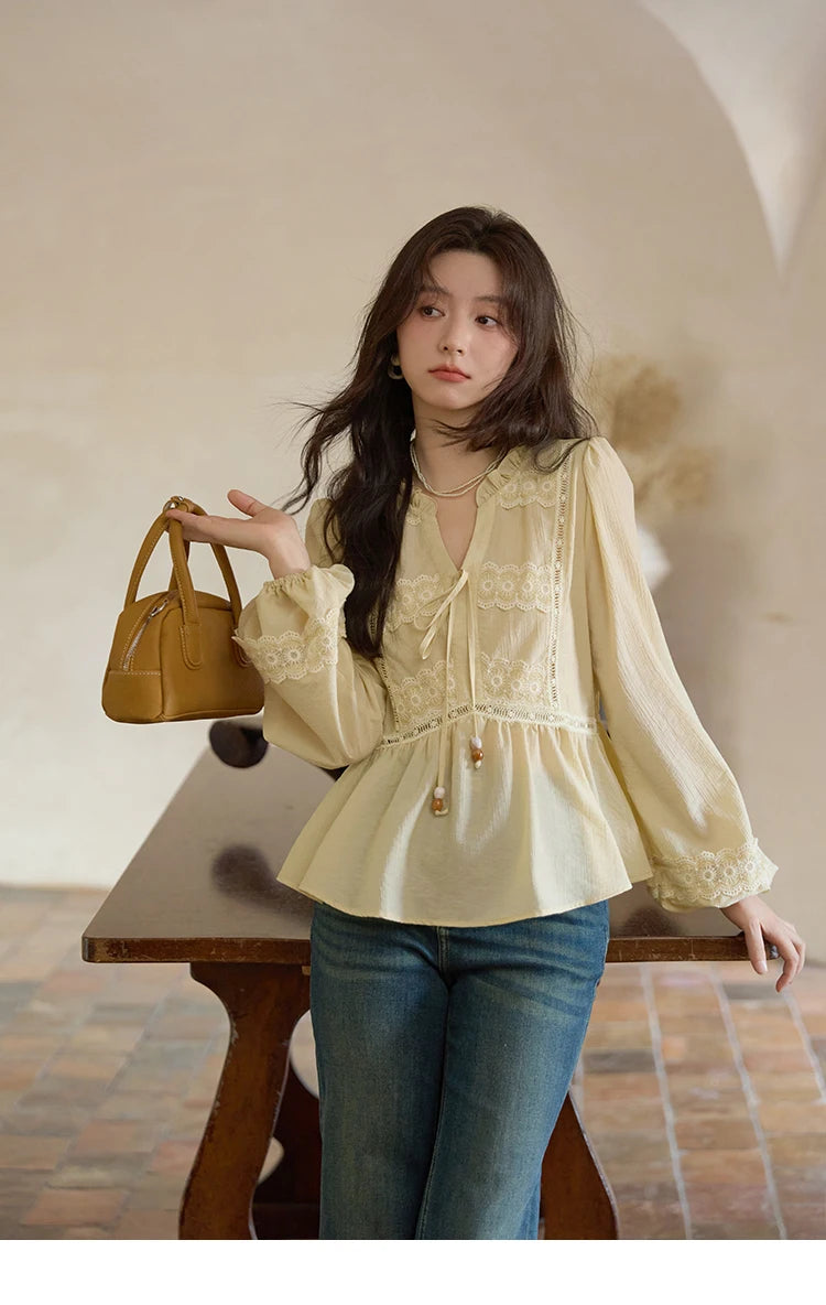MISHOW French V-Neck Blouse Lace Patchwork Lantern Sleeve MXE41X1925