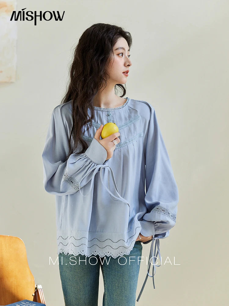 MISHOW Blue Lace Patchwork Shirt Wave Edge Lantern Sleeve MXE14X1716