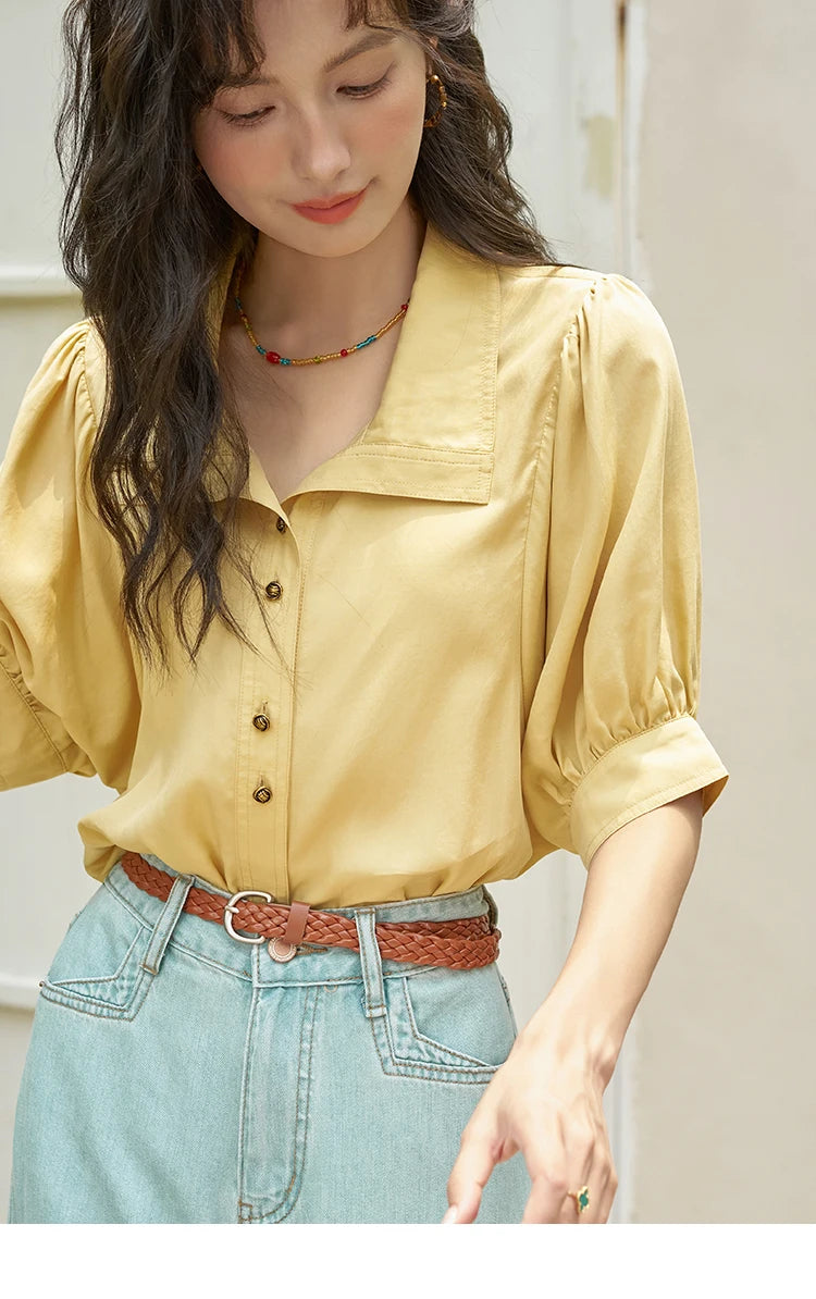 MISHOW Short Sleeve Blouse Lapel Simple Loose Fit MXD28C0247