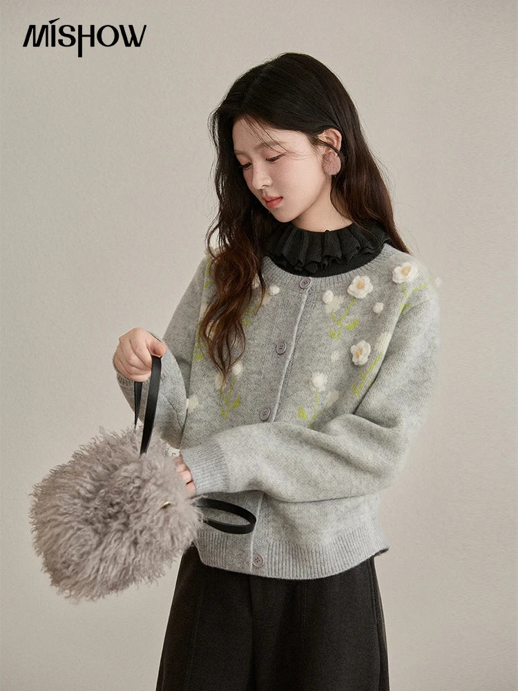 Mishow Gray Flower Embroidery Round Collar Cardigan MXE91Z2836