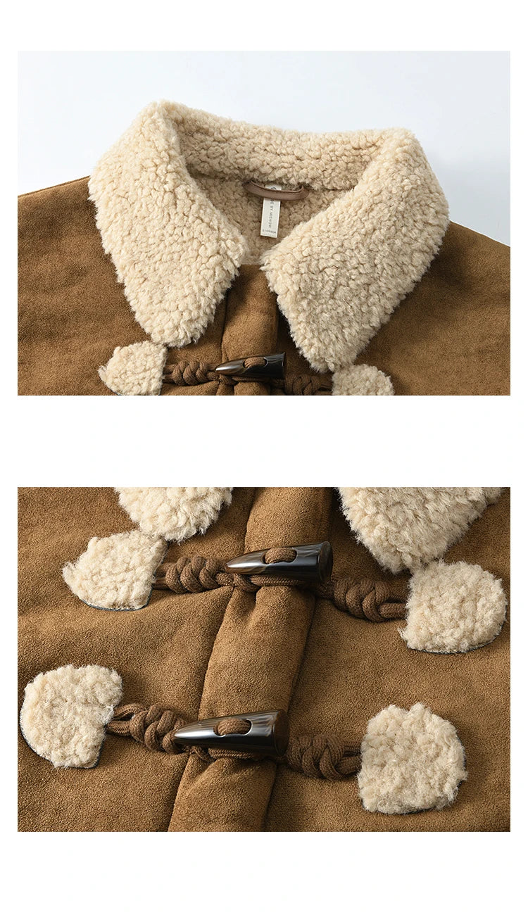 MISHOW Brown Suede Plush Jacket Bull Horn Buckle Spliced MXD36W0500
