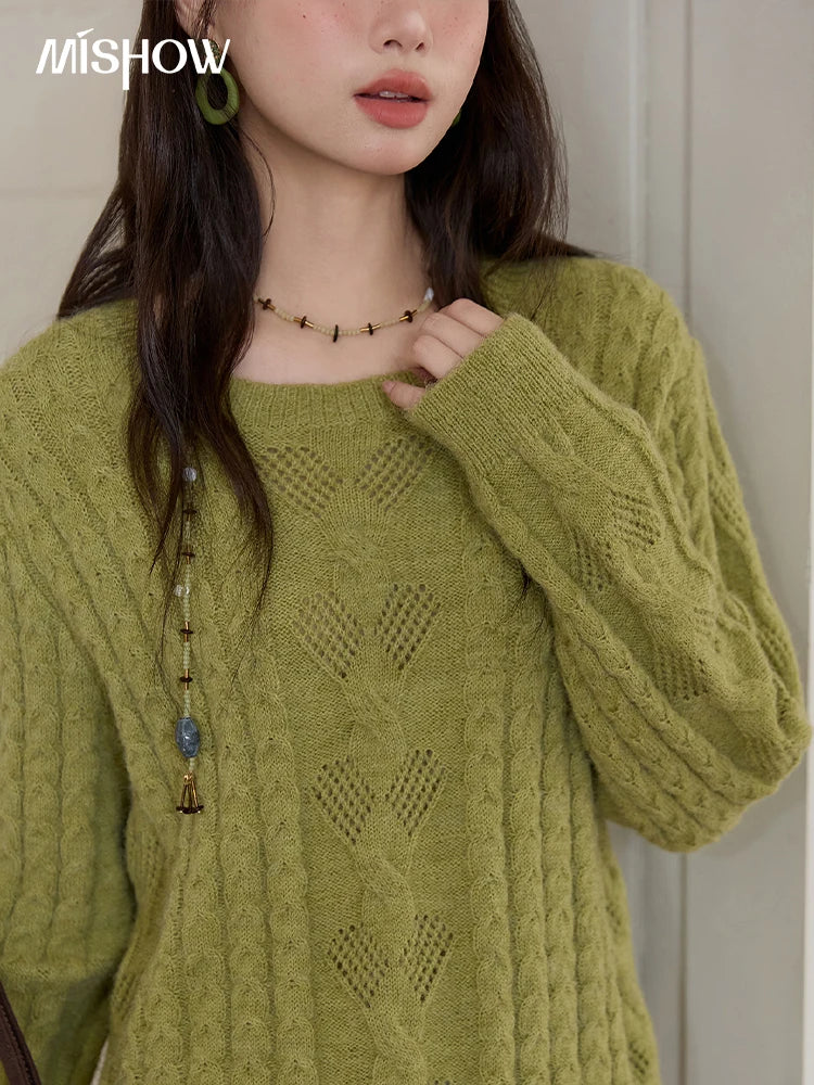 Mishow Green Retro Twisted Rope Hollow Pullover MXE49Z2520