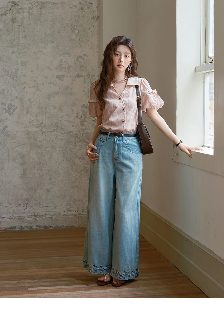 MISHOW Puff Sleeve Striped Shirt Turn-Down Collar Retro MXE37C0808