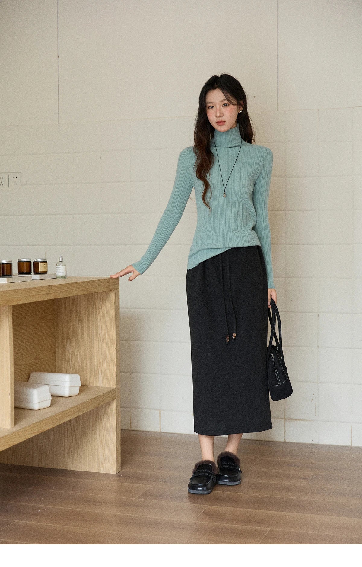 Mishow Solid Turtleneck Vertical Ribbed Slim Top MXE86Z2656