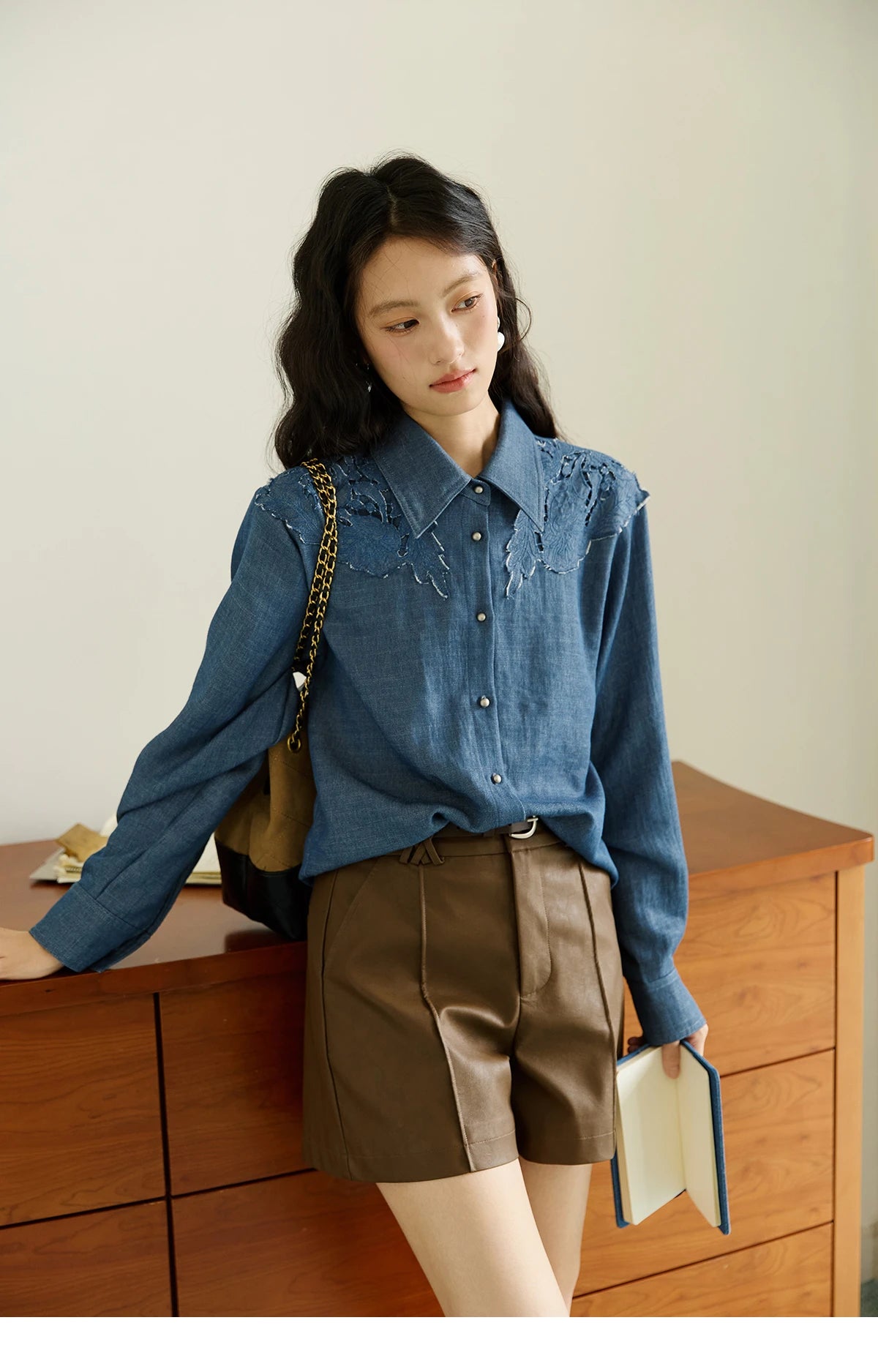 MISHOW Blue Shirt Hollowed Out Patchwork Embroidery Imitation Denim MXE46C2410