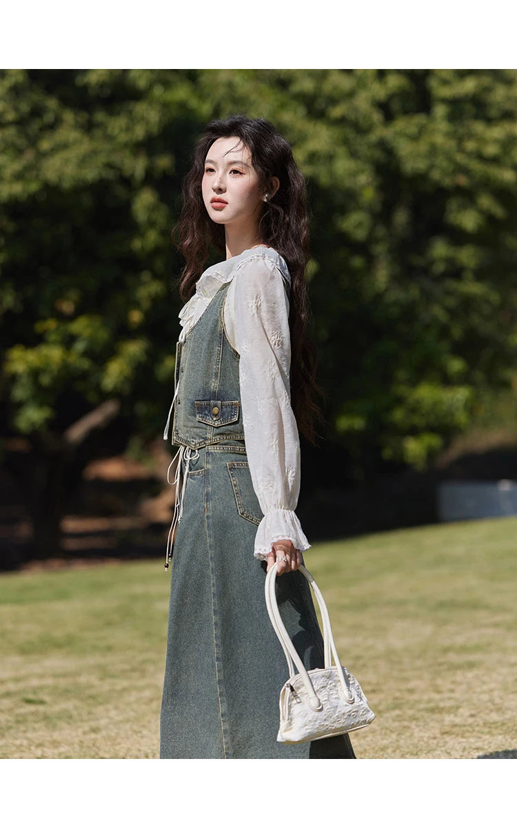 Mishow Korean Denim Vest Coat & Slim A-Line Midi Skirt Set MXE13W0731