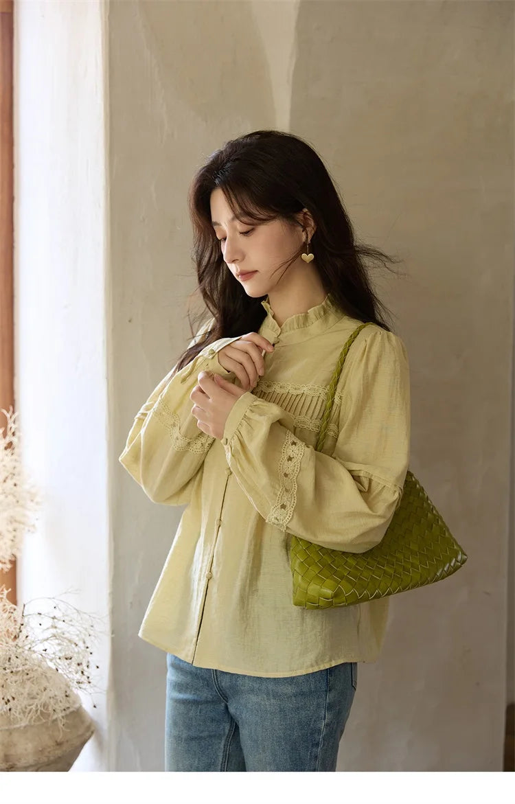 MISHOW Women's Light Yellow Linen Shirt Stand Collar Lace Sleeves MXE42X1976