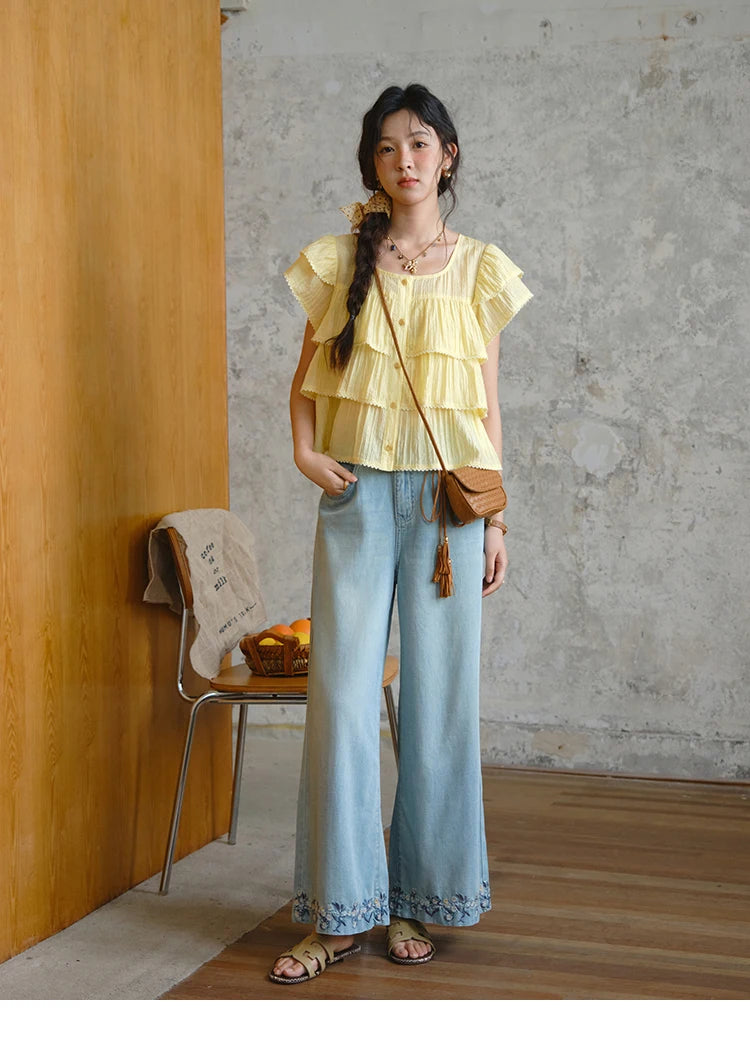 Mishow Flower Embroidery High Waist Wide Leg Jeans MXE37K0991
