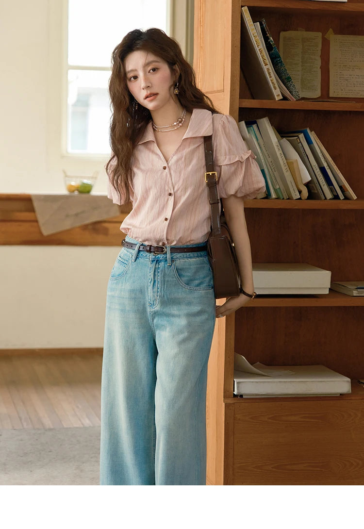 MISHOW Puff Sleeve Striped Shirt Turn-Down Collar Retro MXE37C0808