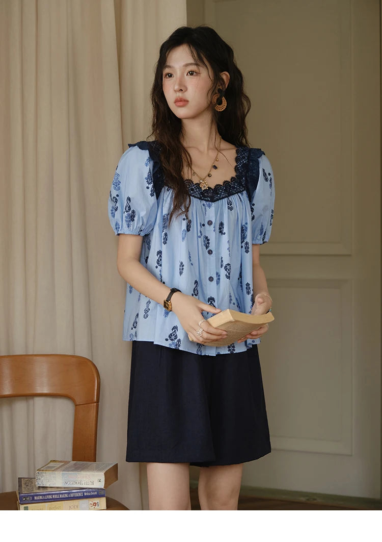 MISHOW Print Cotton Shirt Puff Sleeve Lace Splicing MXE35X1842