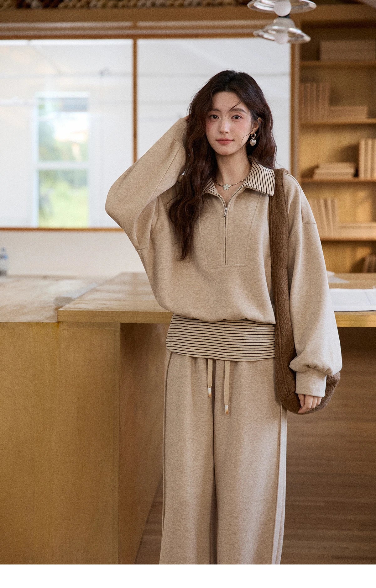 Mishow Retro Striped Lapel Half-Zip Sweatshirt & Wide Leg Pants Set MXE87T1425