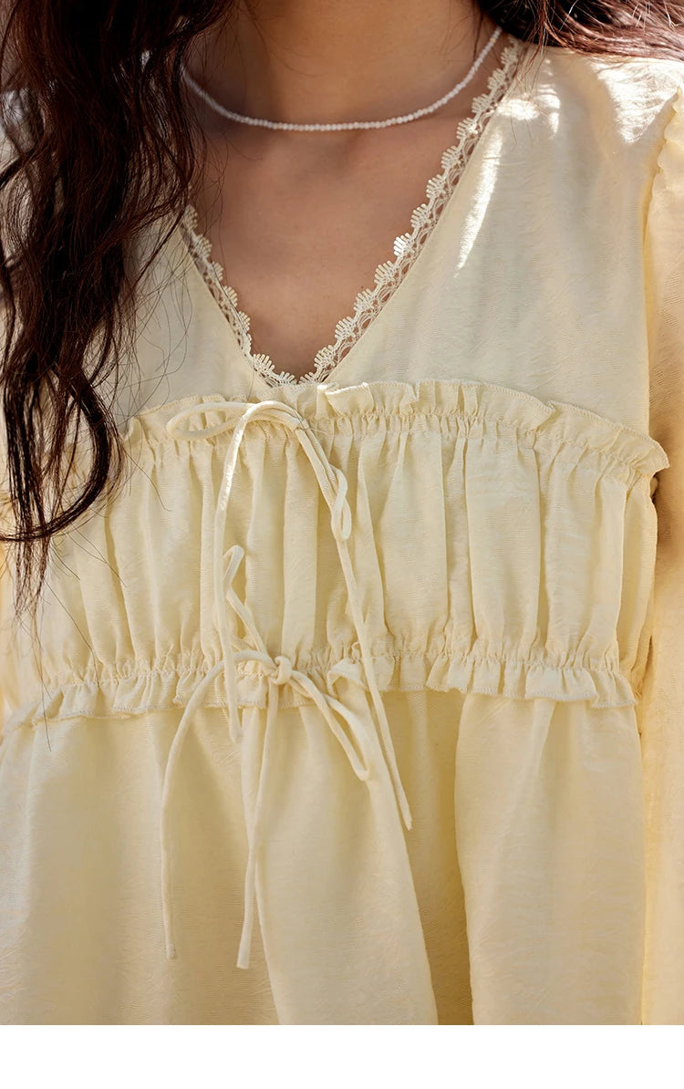 MISHOW Jacquard Lace V-Neck Blouse Ruffled Wavy Puff Sleeve MXE12C0397