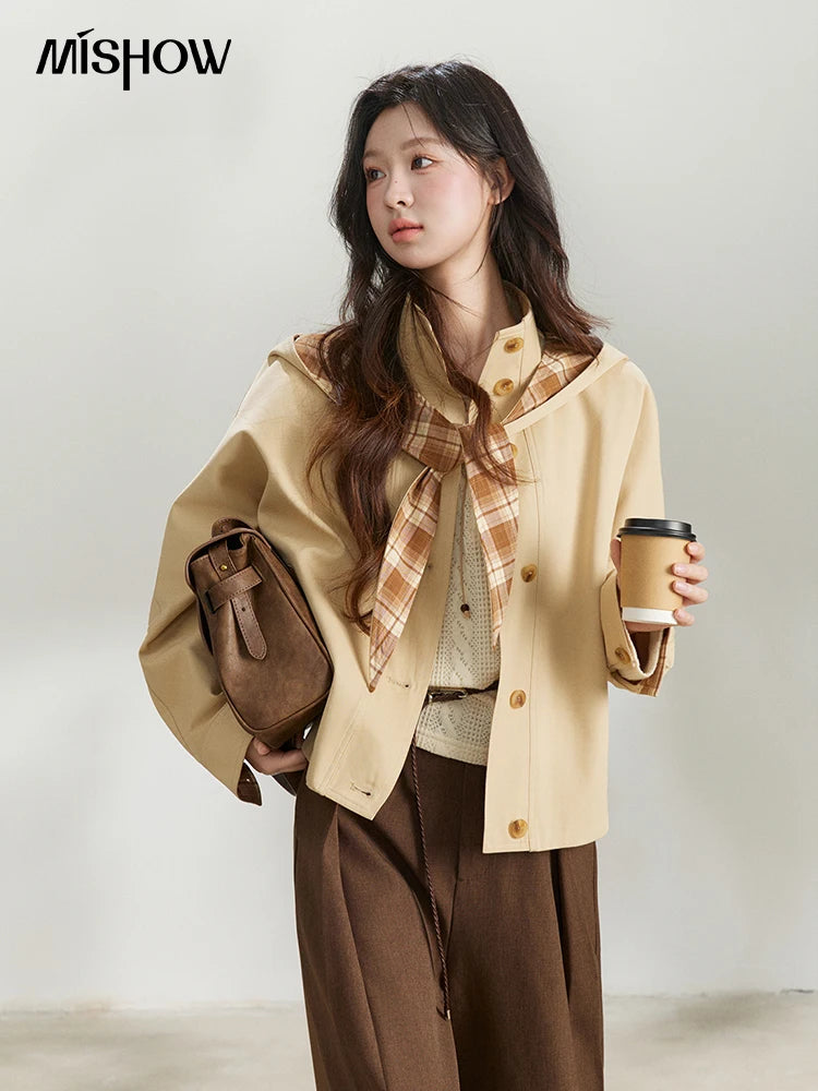 MISHOW Khaki Cropped Trench Coat Lapel Stand Collar MXF108W1003