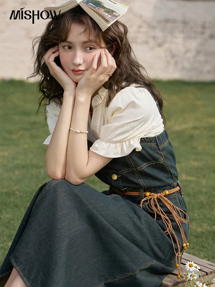 MISHOW Denim Suspender Dress & Puff Sleeve Blouse Set MXD21L1664