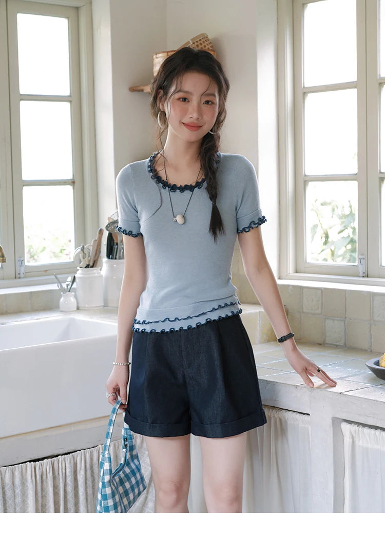 Mishow Round Neck Ear Edge Short Sleeve Tee MXE32Z1233