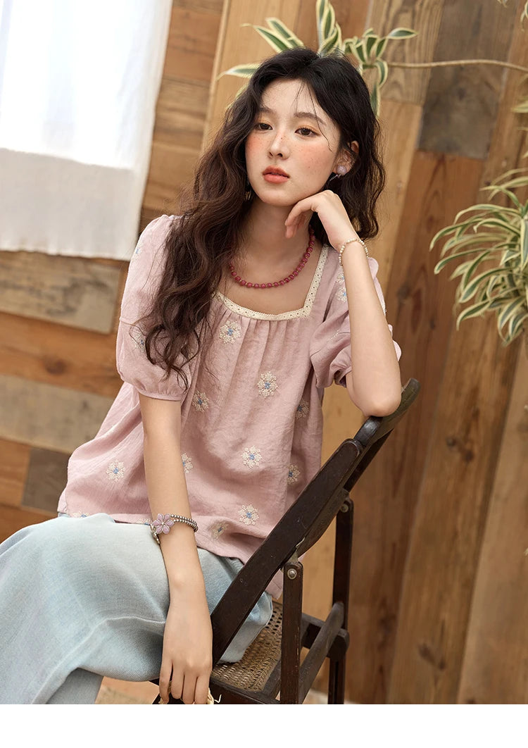 MISHOW Pink Embroidered Linen Blouse Square Collar Lace Patchwork MXE35X1834
