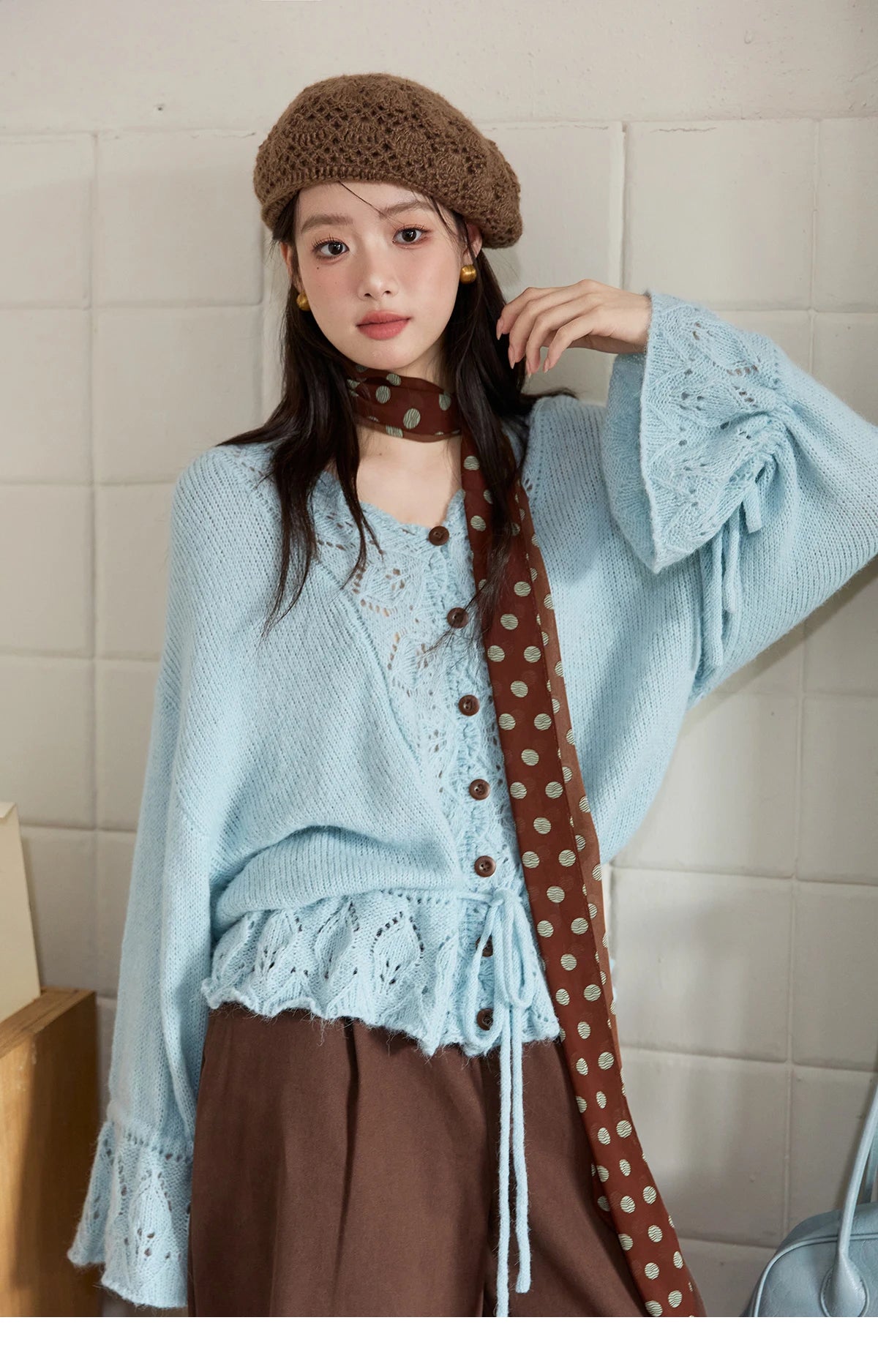 Mishow Hollow Knit V-Neck Flared Sleeve Cardigan MXE47Z2513