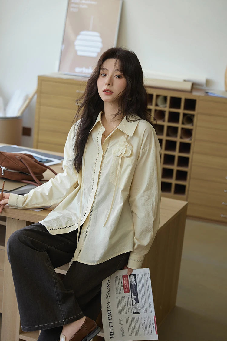 MISHOW Cotton Shirt Petal Ribbon Button Long Sleeve MXE41C2349