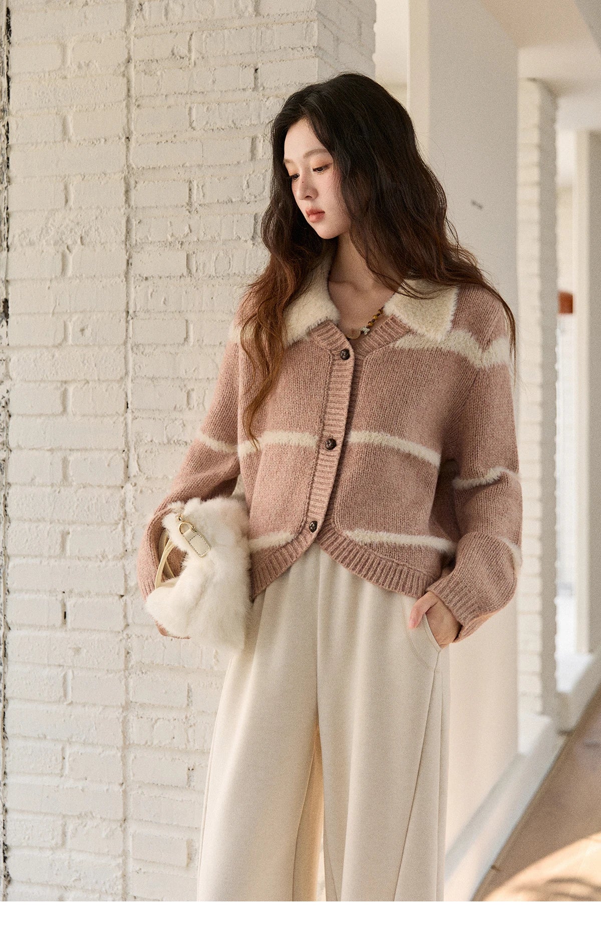 Mishow Faux Mink Turn-Down Collar Striped Cardigan MXE89Z2668
