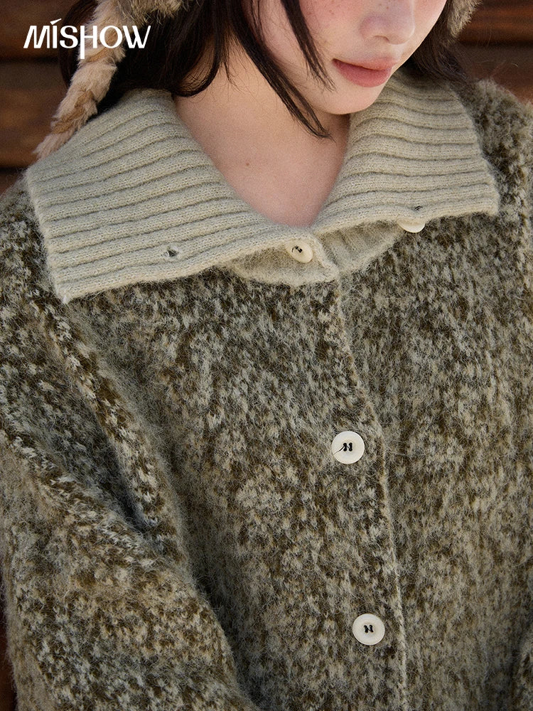 Mishow Green Retro Mottled Stand Collar Cardigan MXE90Z2787