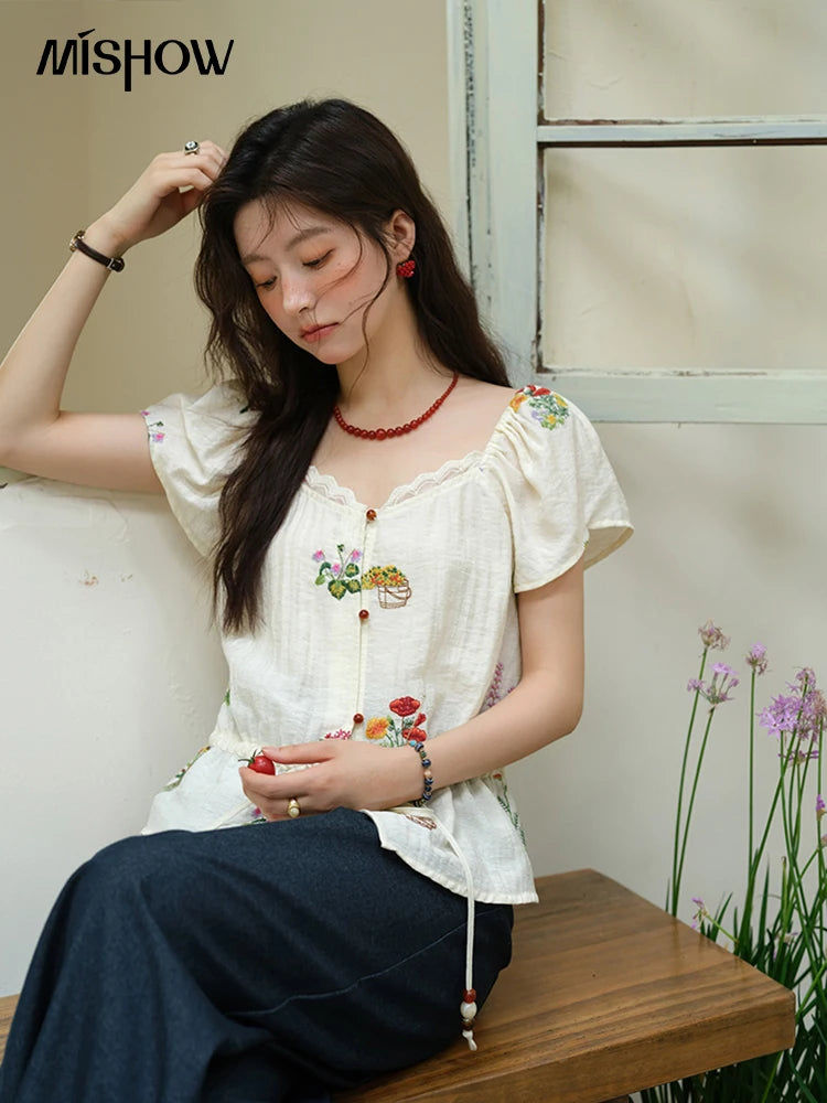MISHOW Flower Embroidery Square Neck Lace Blouse MXE37X1895