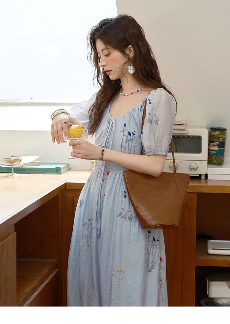 Mishow V-Neck Lace-Up Embroidery Vacation Dress MXE34L2284