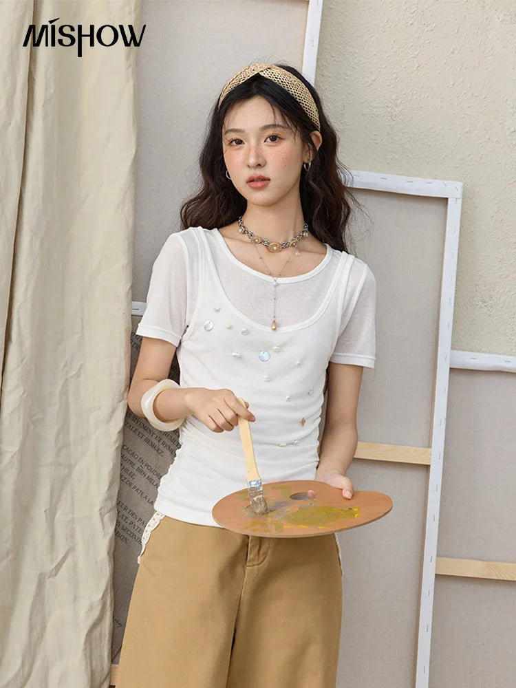 MISHOW Cotton Khaki Lace Patchwork Wide Leg Pants High Waist MXE34K0925