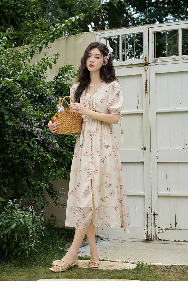 Mishow Butterfly Print V-Neck Lace-Up Bubble Sleeve Dress MXD15L1778