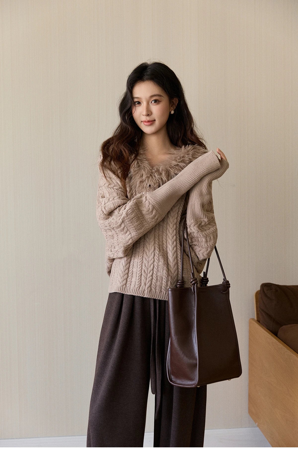 Mishow Faux Fur Collar Batwing Cable Knit Pullover MXE94Z2985