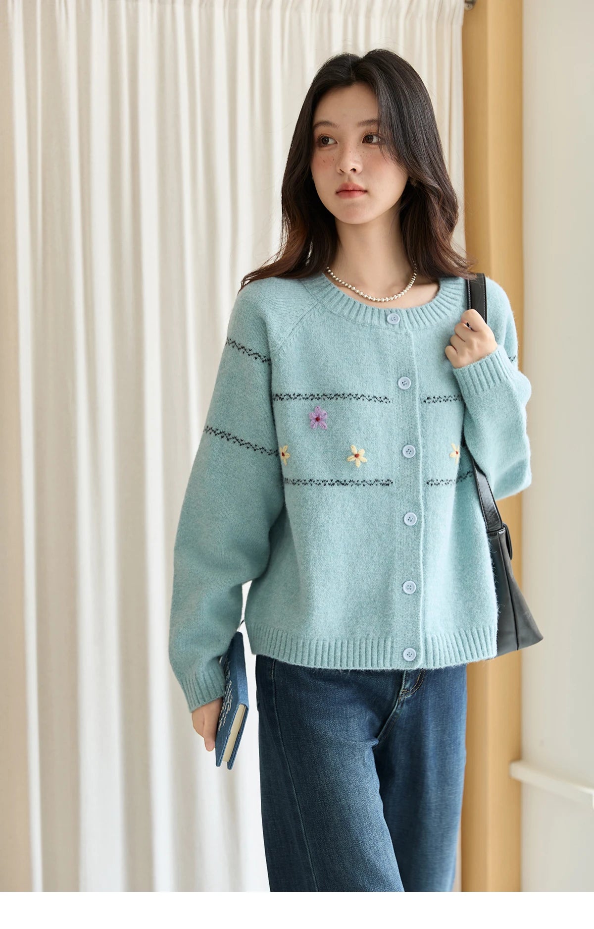 Mishow Blue Flower Embroidered Loose Cardigan MXE46Z2581