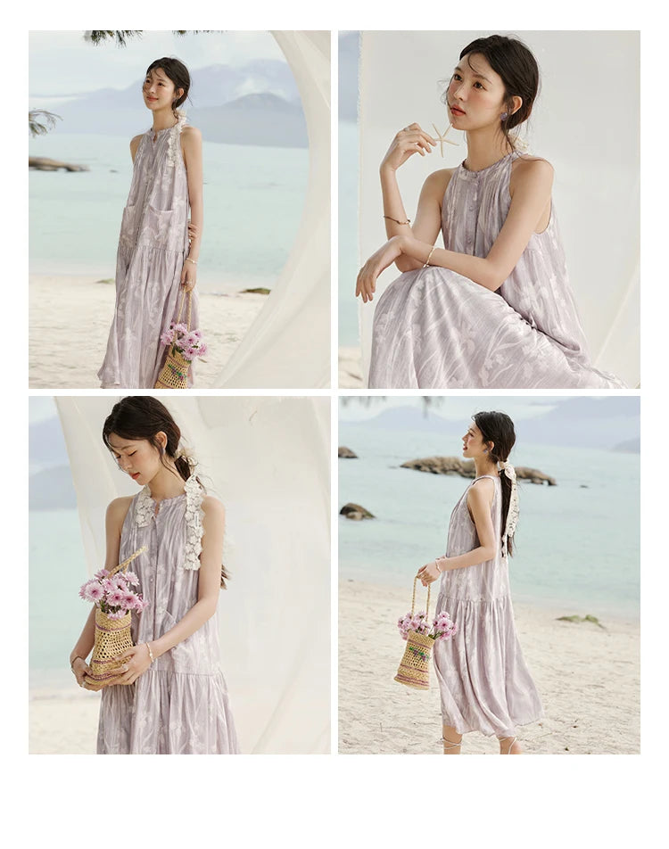 Mishow Purple Print Chiffon Stand Collar Dress MXE32L2163