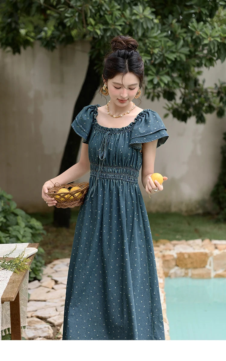 Mishow Polka Dot Flying Sleeve Lace-Up Denim Dress MXD30L2022