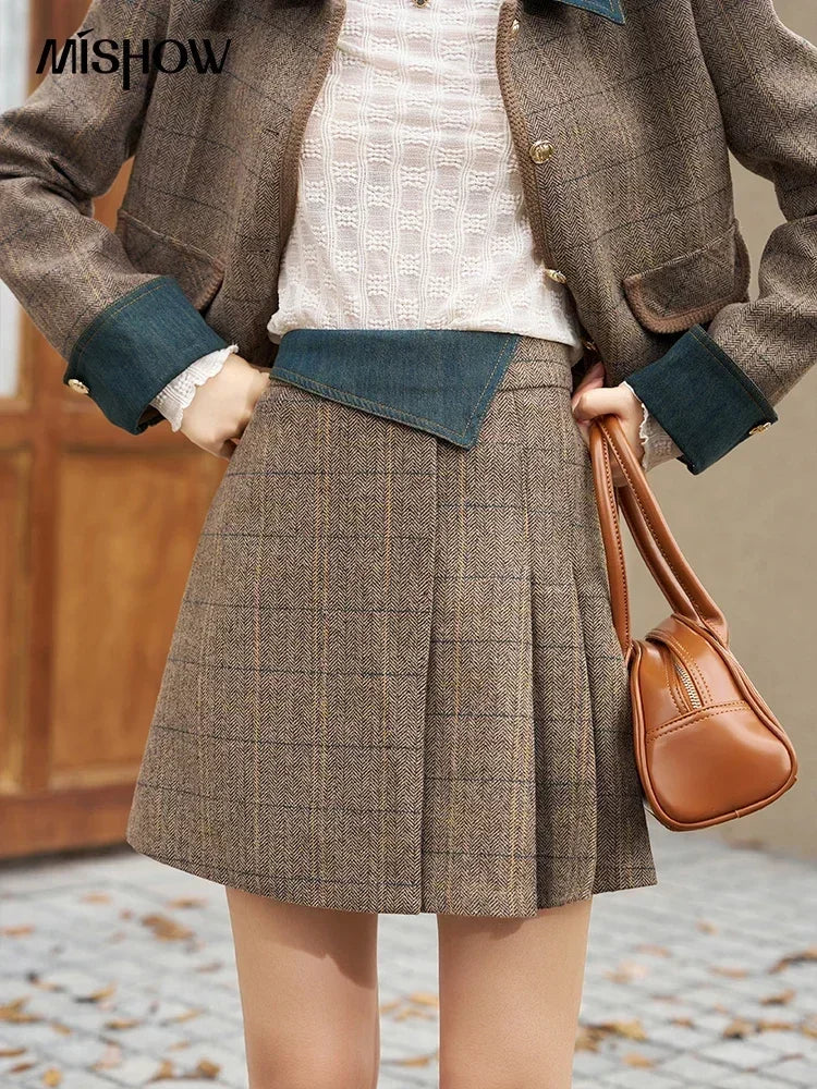 Mishow Fashion Retro Plaid Wool Jacket & Half Pleated Skirt Set MXC47W0154