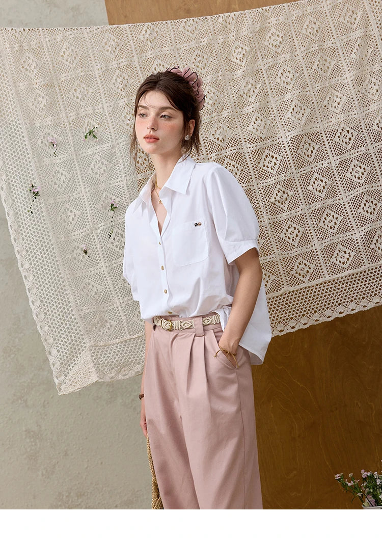 MISHOW French Turn-Down Collar Short Sleeve Solid Blouse MXE33C0778