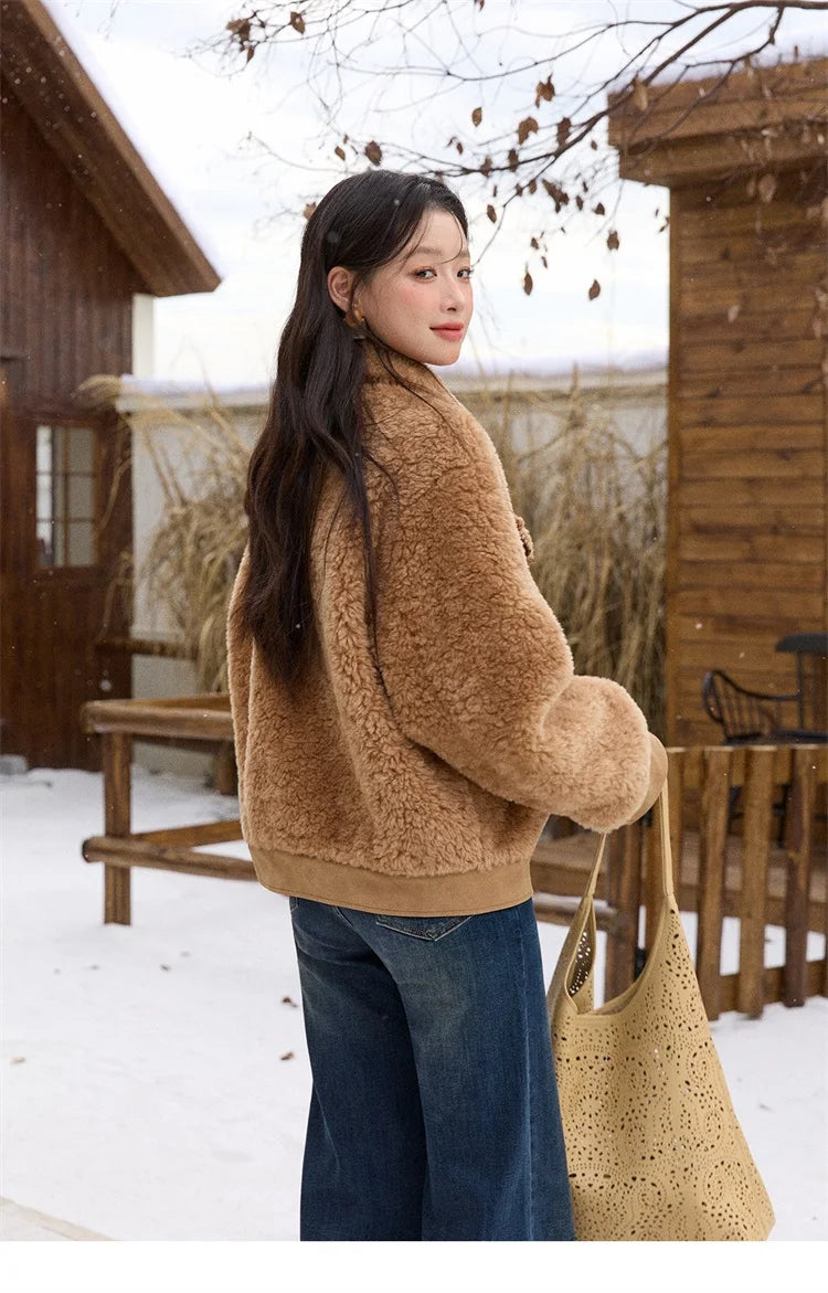 MISHOW Faux Lambskin Coat Turn-Down Collar Brown Loose MXE89W0896