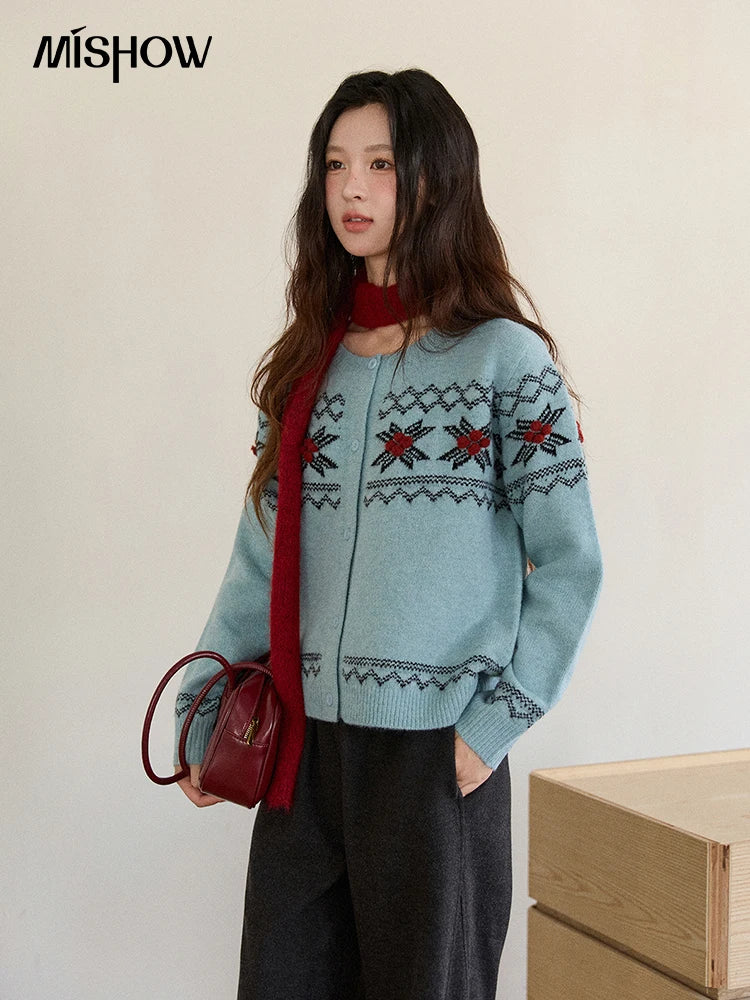Mishow Blue Geometric Fair Isle Cardigan MXE86Z2734