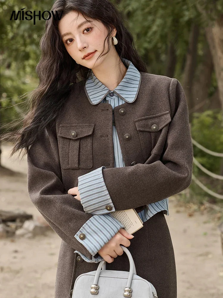 Mishow Plaid Tweed O-Neck Jacket & Front Slit Long Skirt Set MXD43W0445