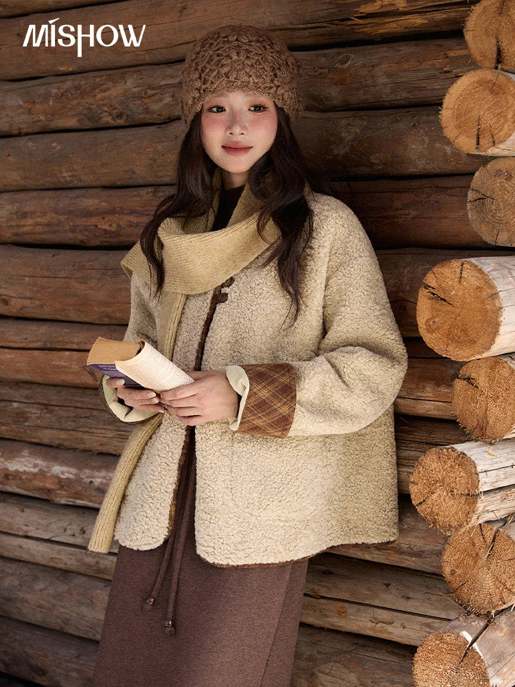 Mishow Plaid Patchwork Lamb Wool Round Neck Coat MXE90W0923