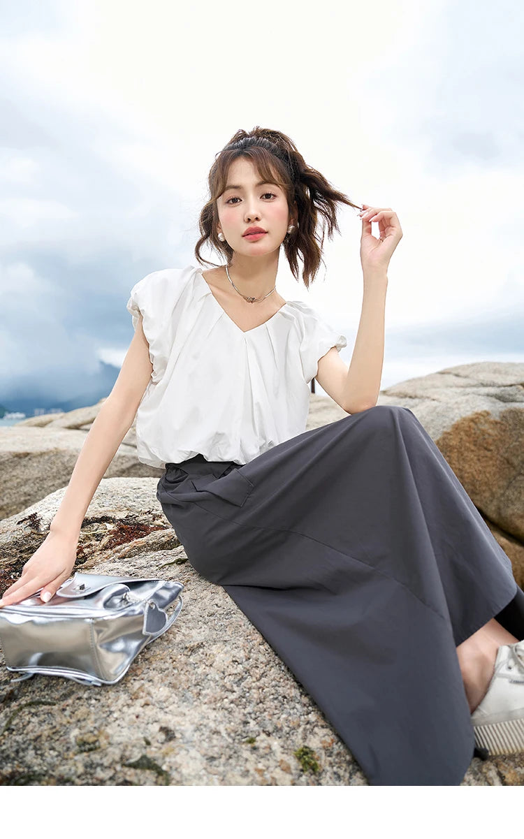 MISHOW French Rear Collar Tie Blouse V-Neck Puff Sleeve MXC38X1275