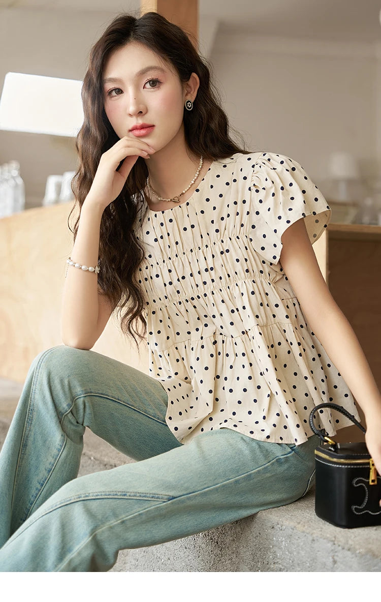 MISHOW Polka Dot Blouse Flying Sleeve O Neck Elastic Folds MXC39X1291